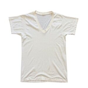 Vintage 70s Stanfield Plain Basic White Cream Basic Cotton V-Neck Shirt USA